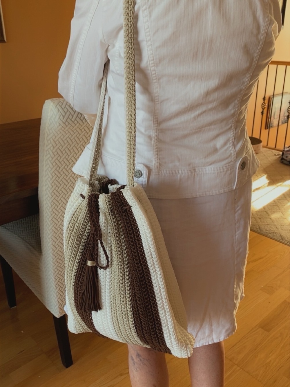 Neutral Striped Crochet Drawstring Bucket Bag - Cream & Brown